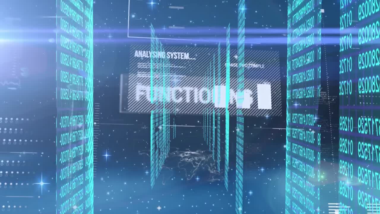 Animation of light trails over data processing on black background
