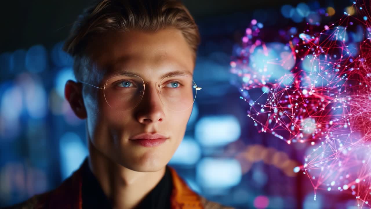 A Young Man with Glasses Contemplating Futuristic Data Visualizations and Digital Connections in a High-Tech Environment, Emphasizing Innovation and Intelligence