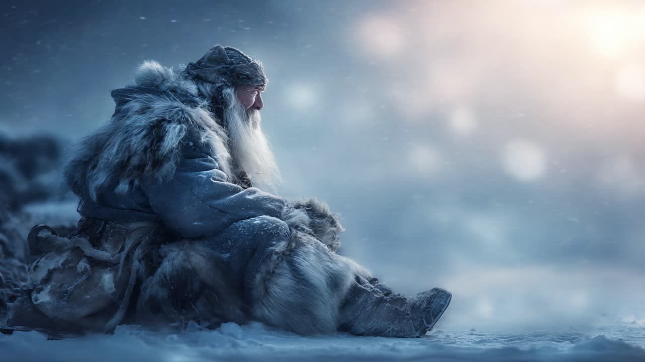 A solitary figure sits in a winter landscape, embodying the essence of resilience and introspection amidst a snowy backdrop, reflecting on life's journey in the cold