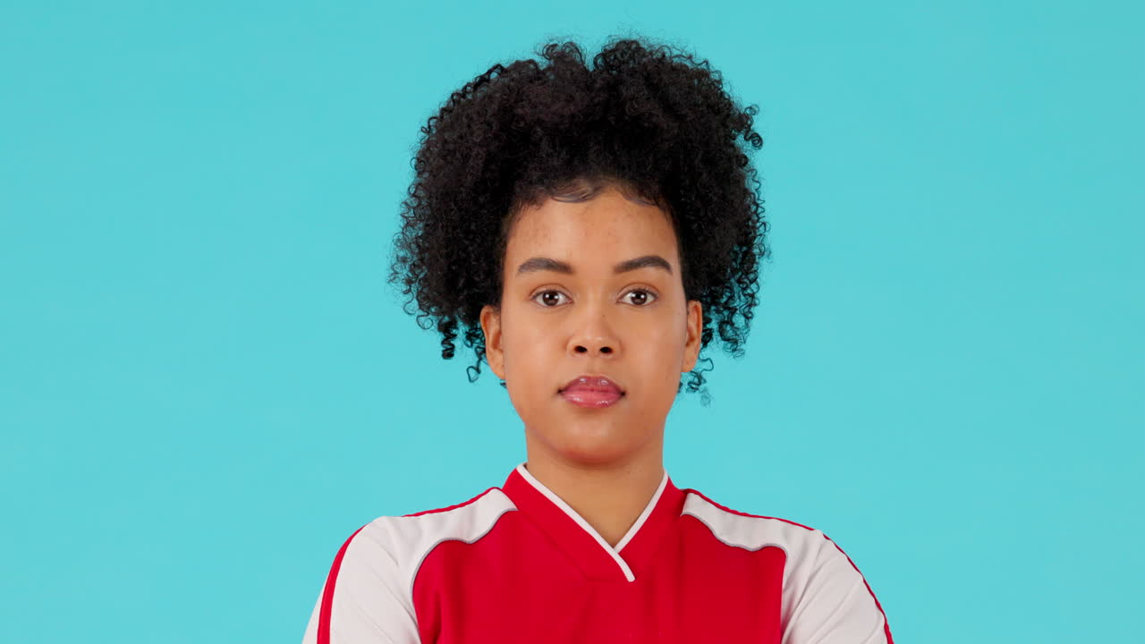 Face, serious and woman with a sports uniform