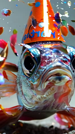 A fish wearing a party hat and a birthday card. The fish is in a tank with a lot of glitter
