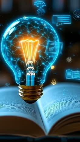 lighting up knowledge within. a vibrant light bulb hovers above an open book, showcasing symbols of knowledge and creativity in a cozy setting.