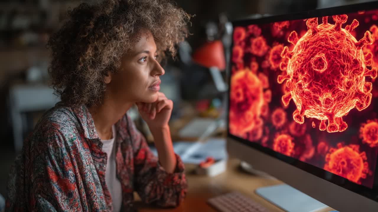 Persona riflessiva che analizza immagini virali su uno schermo di computer, evidenziando le complessità delle strutture microbiche e il loro impatto sulla salute umana