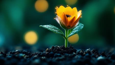bright yellow flower blooms in dark soil. a striking yellow flower grows from black soil, with vibrant bokeh lights creating a magical background effect.