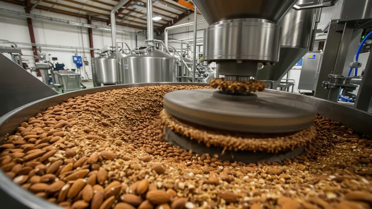 Almond Production Process: A Close-Up View of Industrial Equipment for Grinding and Processing Nuts in a High-Tech Facility