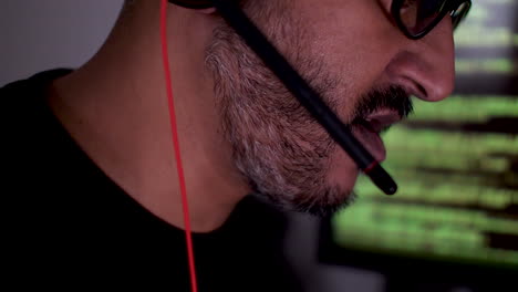 a man is conversing using a headset microphone, with a digital screen displaying scrolling text in the background, illustrating the concept of telecommuting and remote work