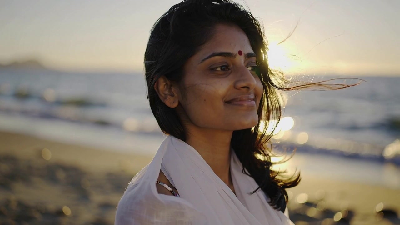 Smiling woman turning gazing toward sea as breeze lifting hair on sunset shoreline, shawl red bindi