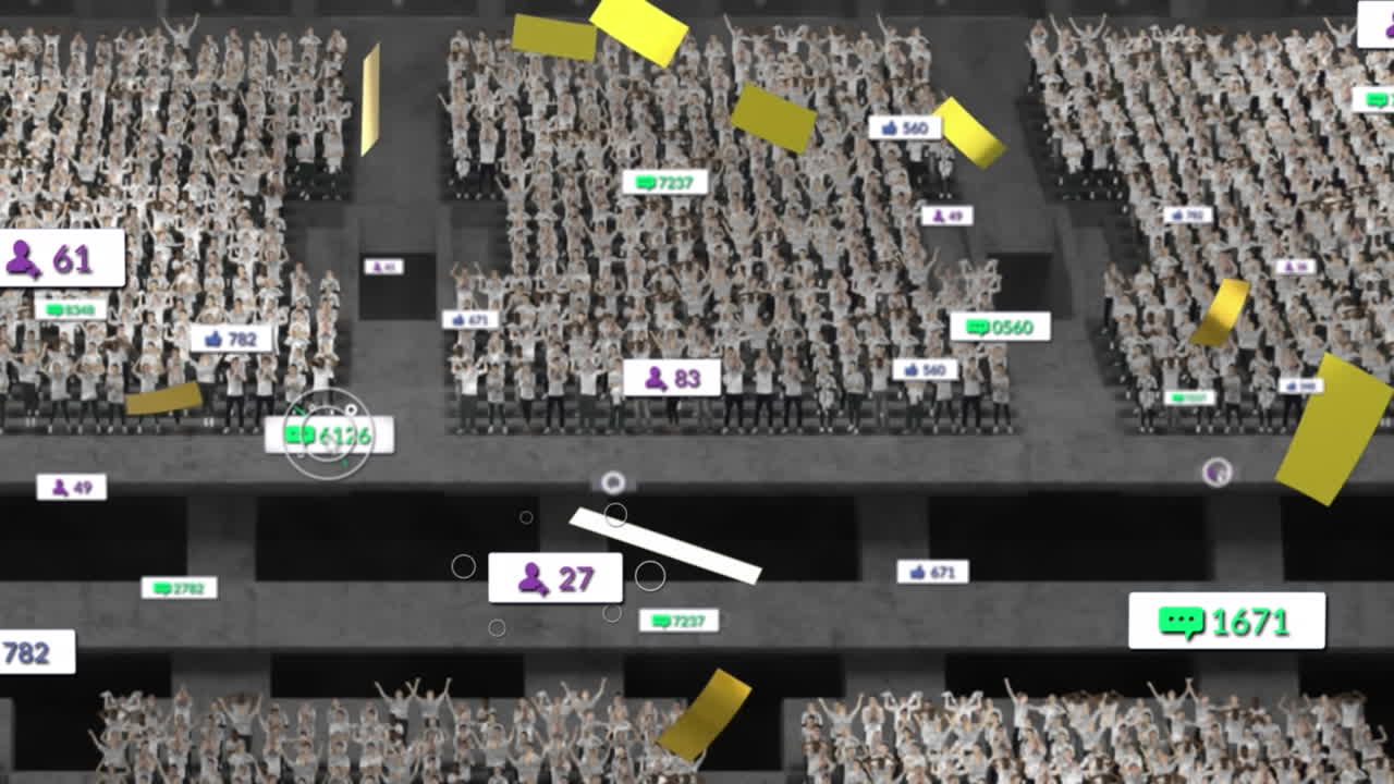 스포츠 경기장의 스탠드에 떨어지는 여러 미디어 아이콘과 황금 콘페티의 애니메이션