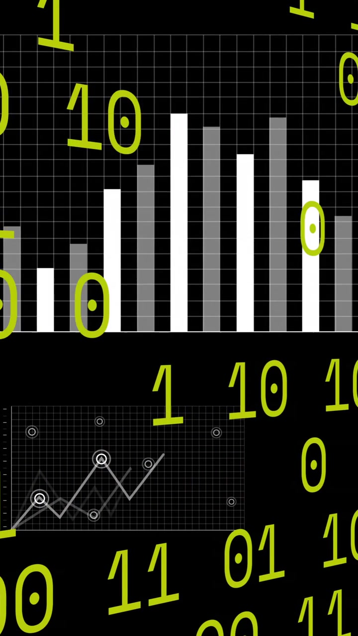 Animación de procesamiento de datos de codificación binaria y estadísticas sobre fondo negro
