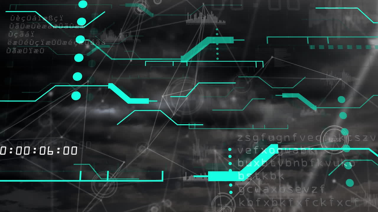 Animation of computer circuit board with data processing over network of connections
