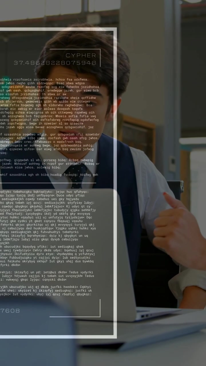 Video verticale: Uomo al laptop che scansiona codice mentre un overlay CYPHER emerge, una mano guida il debug.