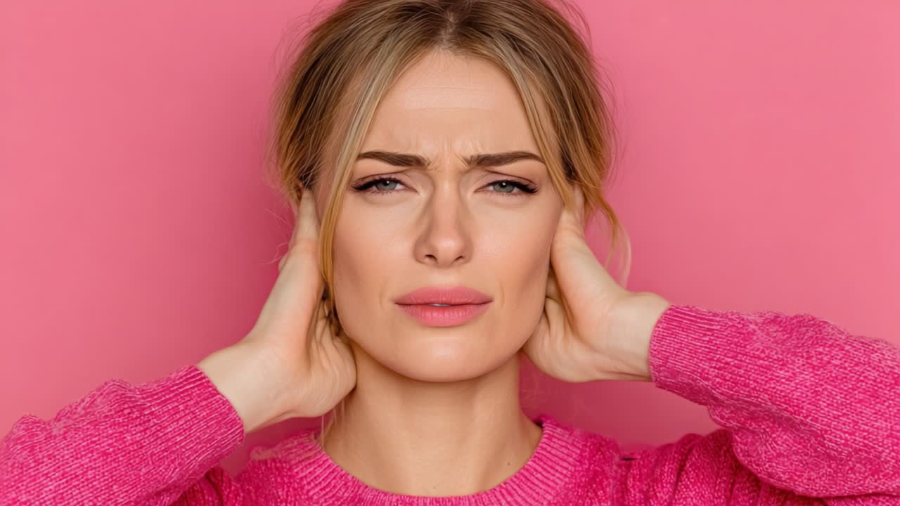 Una donna frustrata si copre le orecchie contro un rumore fastidioso, indossando un vivace maglione rosa, mostrando la sua lotta emotiva su uno sfondo rosa minimalista.