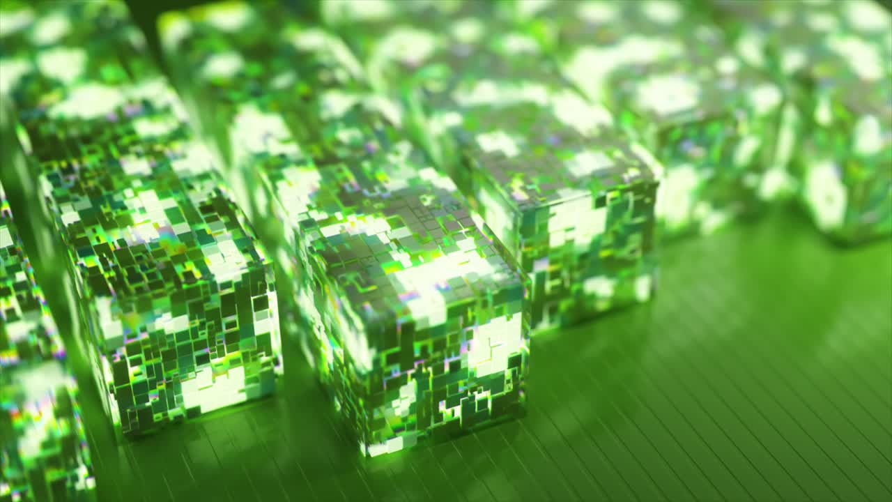 Blocchi rettangolari futuristici verdi luminosi con motivi di circuiti digitali che si muovono lentamente in fila