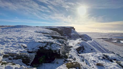 Cinematic-cold-English-winter-sunset-moorland-aerial-view,-Aerial