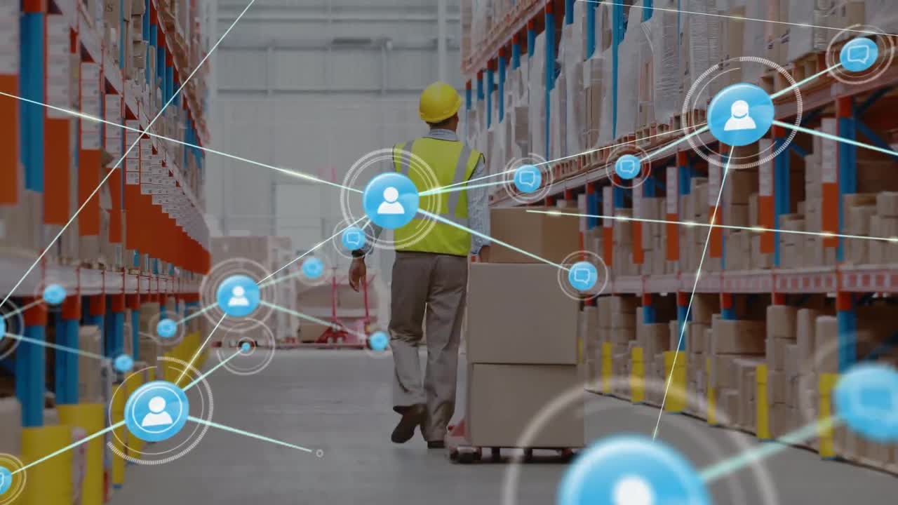 백인 남자가 창고에서 일하는 사람들과의 연결 네트워크의 애니메이션 아이콘