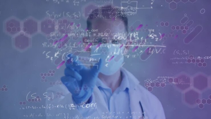 Animação de formas, fórmulas químicas e matemáticas sobre médico caucasiano em máscara facial com amostra