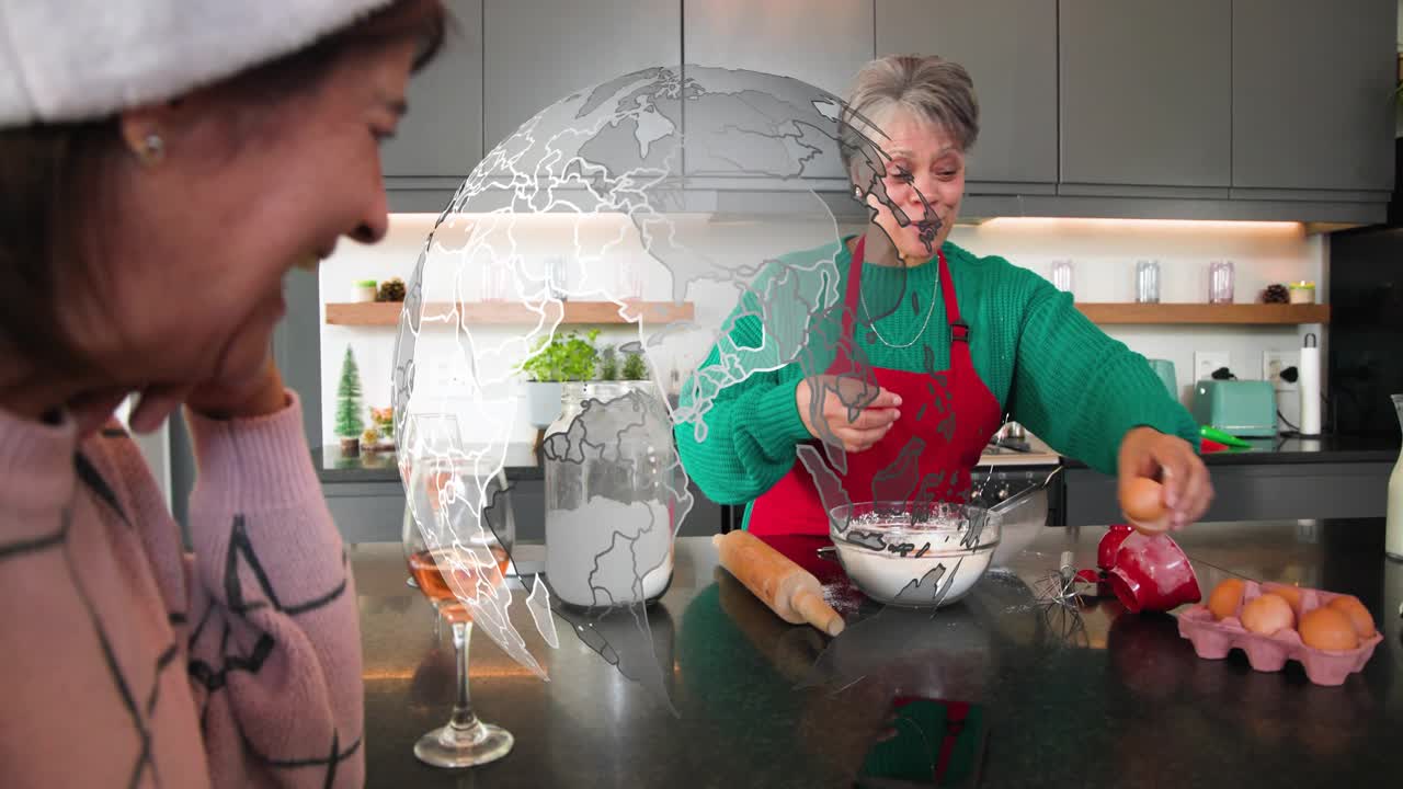 Senior woman consulting tablet and sifting flour in kitchen, animated steps guiding recipe whisking