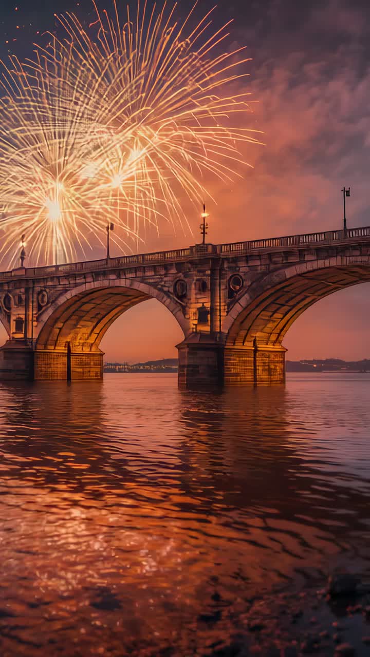 Vertical video: Sparks igniting fireworks above arch bridge, with lamp glow and river reflection