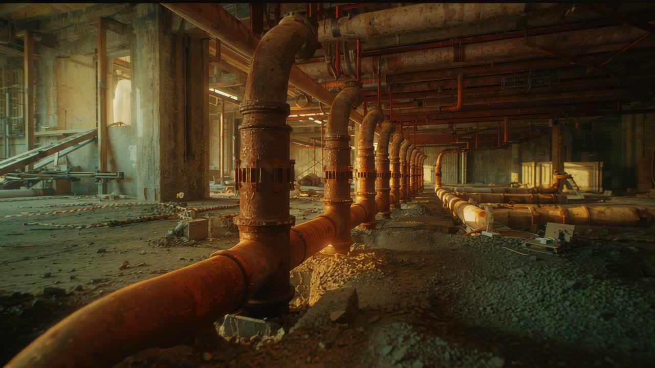 Moving camera through derelict hall, with rusted pipeline, risers and broken windows being revealed