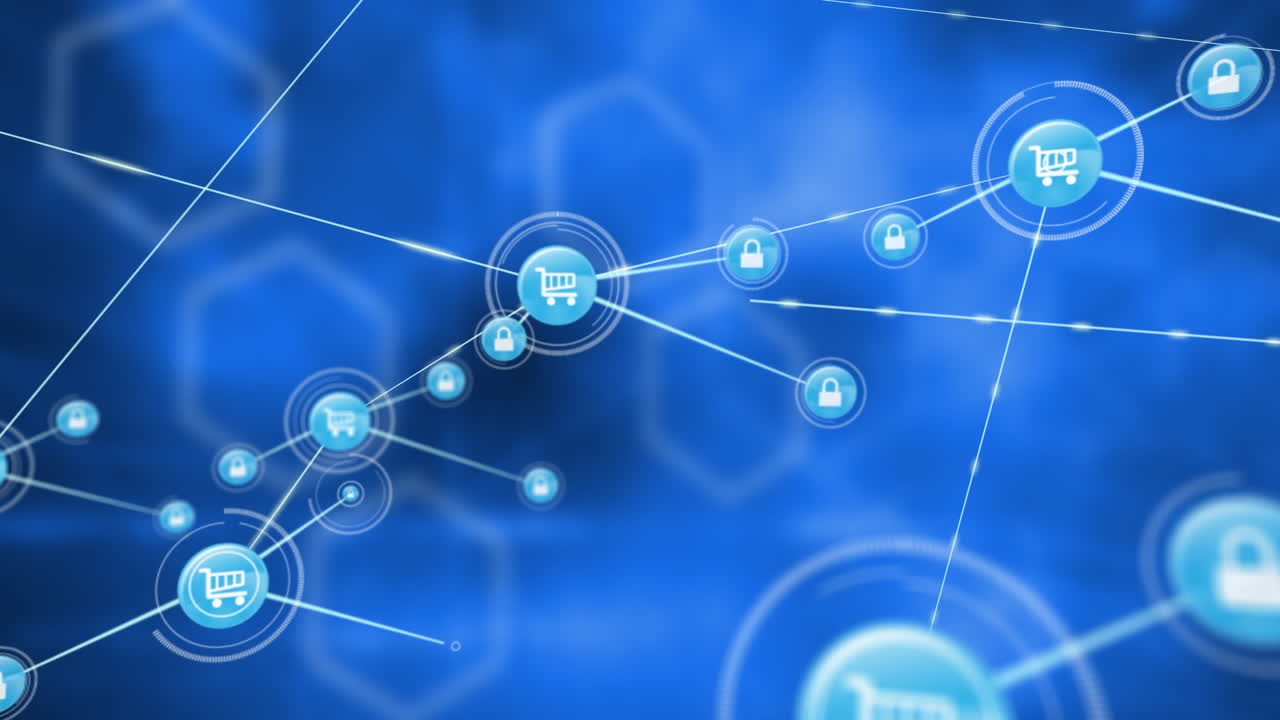 animación de la red de conexiones con iconos sobre formas sobre fondo azul