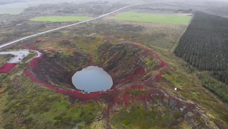 aerial of kerid crater in iceland, a vulcano but now a lake