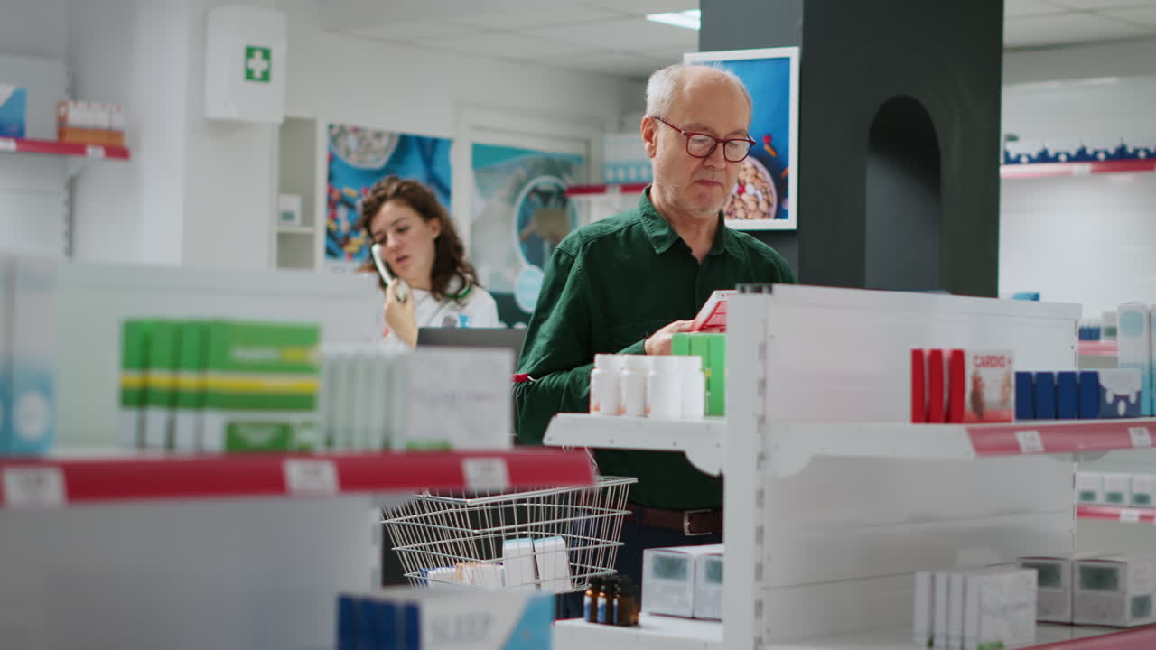 Man shopping for medication in a pharmacy
