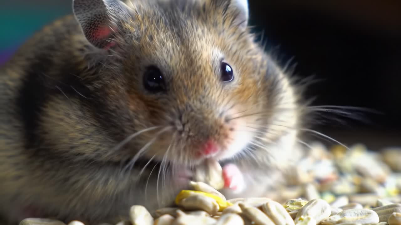 A small hamster enjoys munching on seeds, sitting comfortably among a pile of scattered seeds in a cozy indoor environment. The adorable creature's features are lively and engaging.