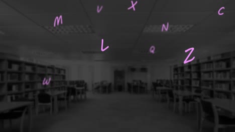 Digital-composition-of-multiple-alphabets-and-numbers-floating-against-empty-classroom-in-background