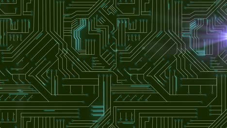 Animation-of-light-trails-over-computer-circuit-board-on-black-background