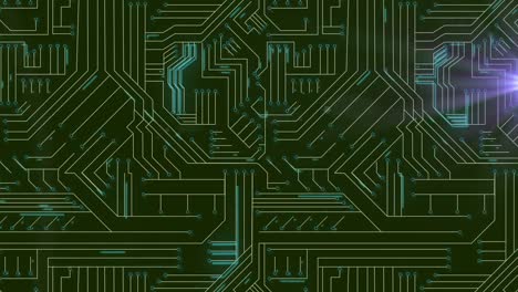animación de rastros de luz sobre una placa de circuito de computadora sobre un fondo negro
