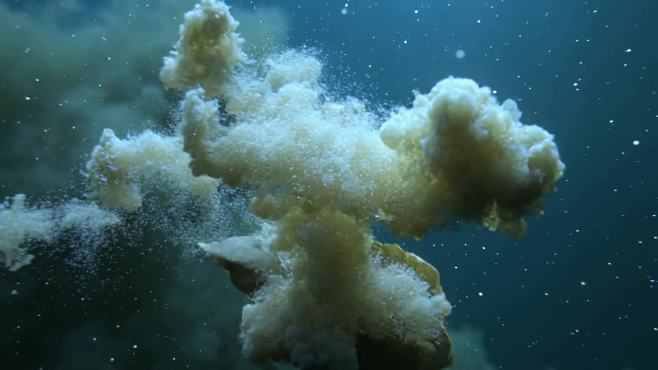 Current stirring kelp frond releasing pale masses at seafloor, forming expanding silty beige cloud