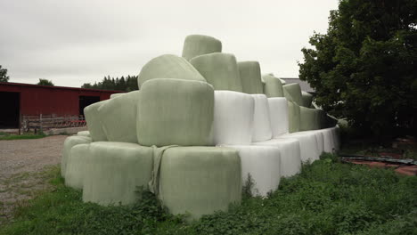 wide angle shot of green and white hay balls