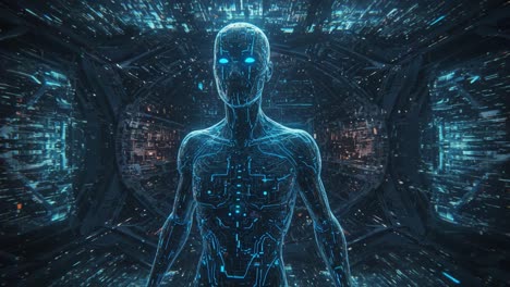 A Futuristic Blue-Hued Cybernetic Figure Stands in a High-Tech Environment, Surrounded by Glowing Digital Particles and Neon Energy in a Virtual Reality Setting