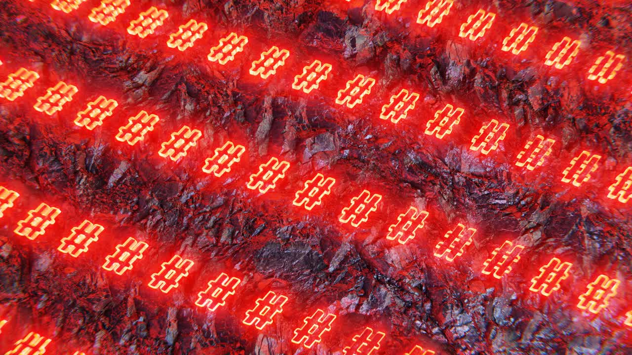 노란색 해시태그 줄이  ⁇ 은색으로 빛나고, 3d 렌더링, 소셜 미디어 전략