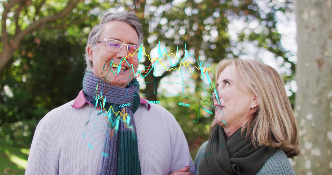 Couple walking on park path, initiating holographic financial graphs fluctuating, reviewing trends