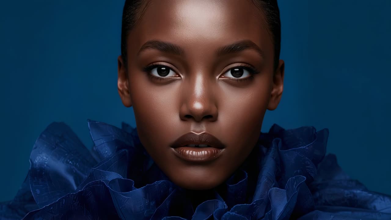 Clip opening presenting model holding gaze in studio for portrait, wearing blue ruffled couture