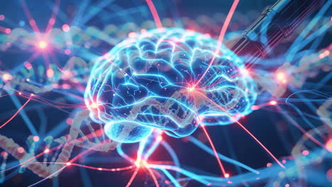 futuristic brain with glowing neural connections and dna