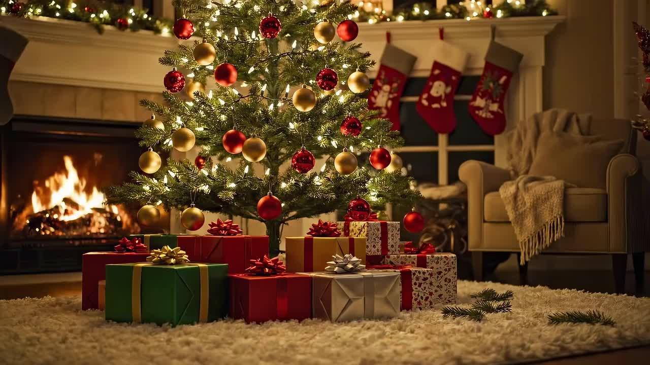 Cozy Christmas scene with gifts under a tree, shot from a low angle, perfect for a festive video