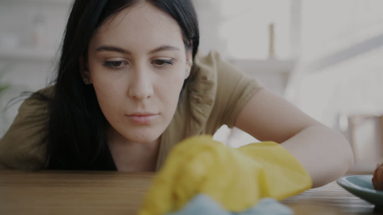 테이블을 청소하는 여자