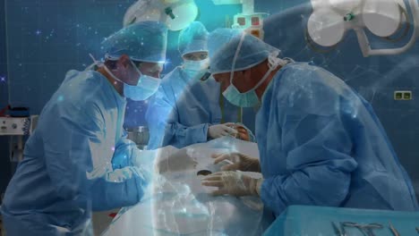 Animation-of-globe-with-network-of-connections-over-surgeons-in-operating-theatre