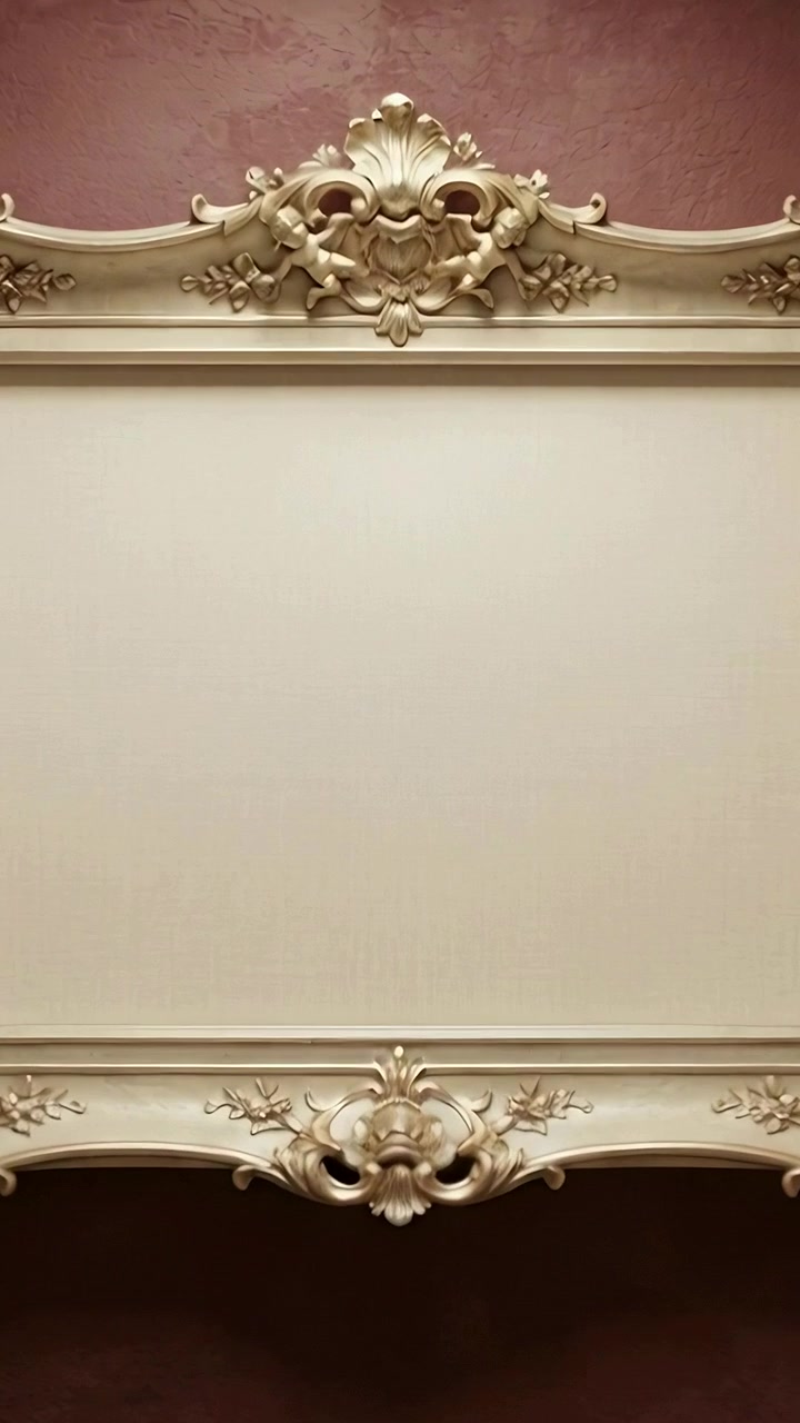 Vertical video: Shifting camera recentering view ornate carved frame on red wall