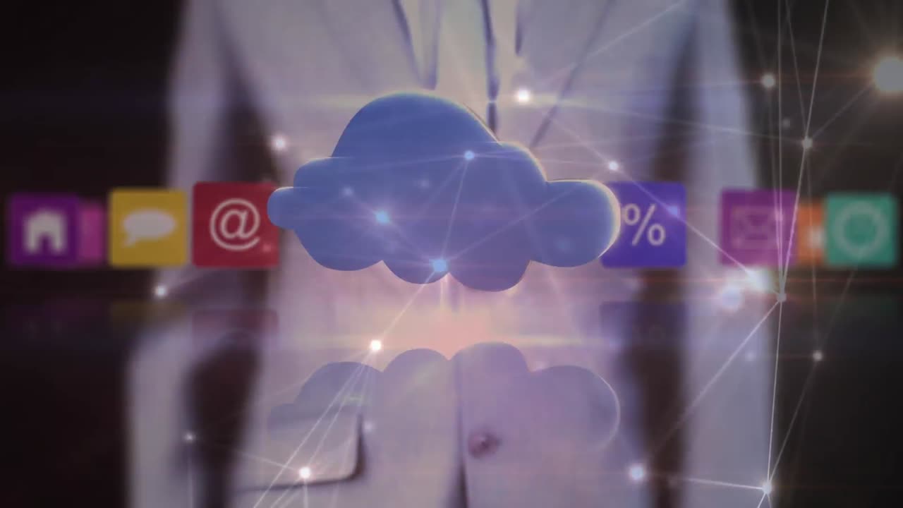 animación de puntos conectados, íconos múltiples en la sección media de la pantalla táctil del hombre de negocios