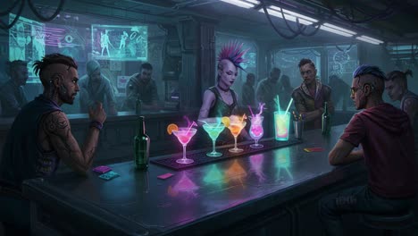futuristic cocktail bar scene featuring vibrantly colored drinks and unique characters engaging in a lively atmosphere of a neon-illuminated nightlife