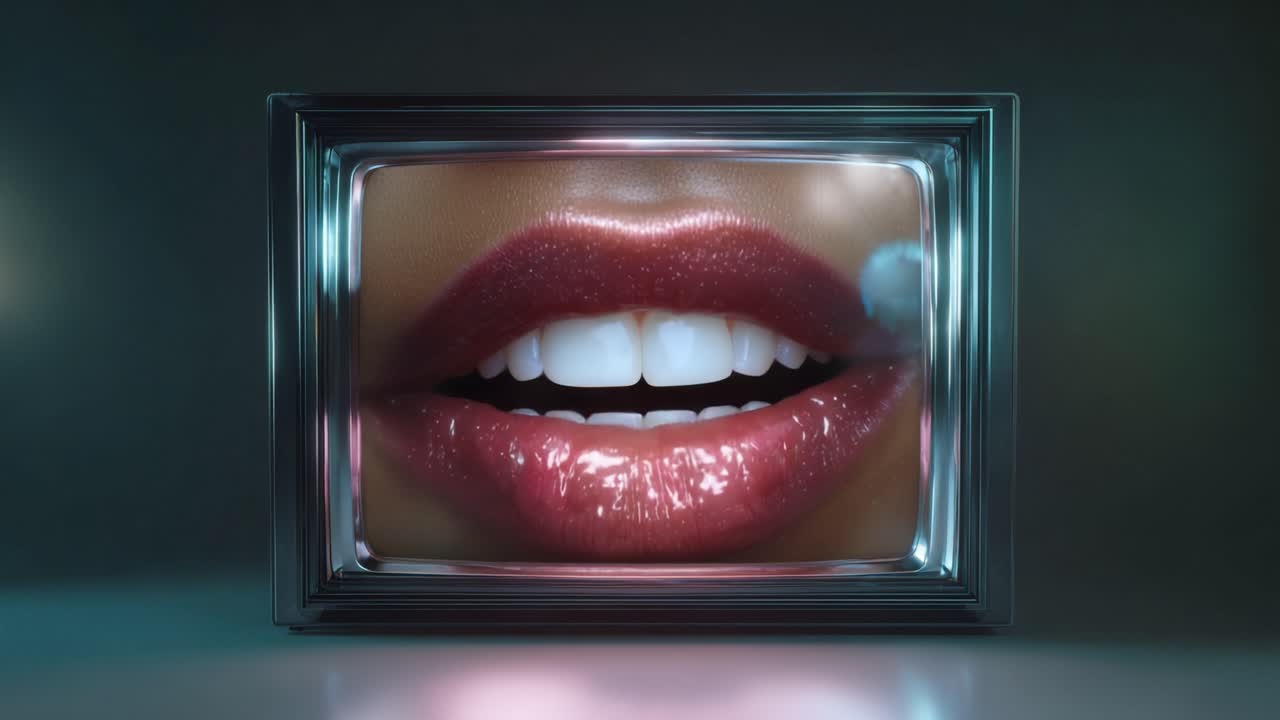 Un primo piano di labbra lucide visualizzate su uno schermo televisivo retrò, che evidenziano colori vivaci e texture in una presentazione artistica.