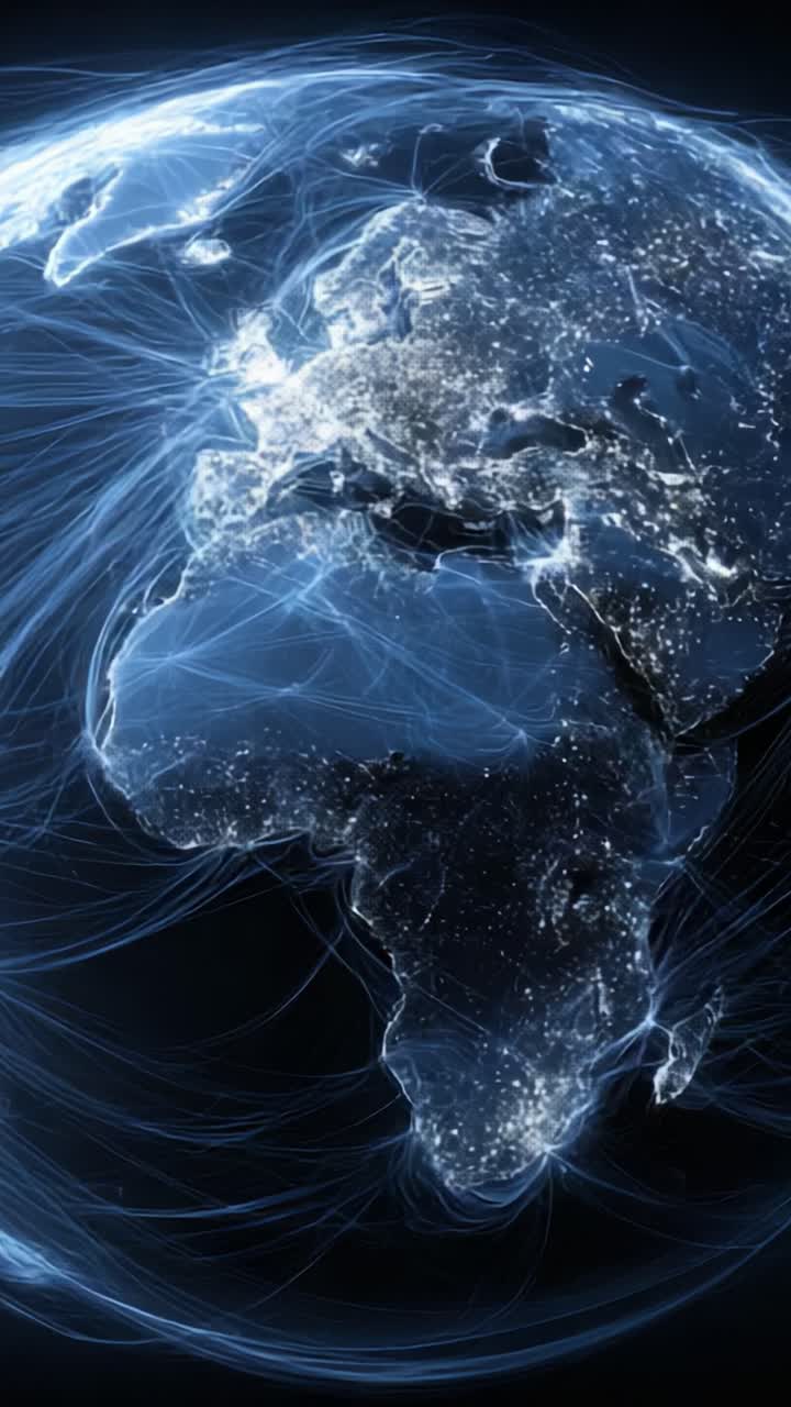 Una visualizzazione straordinaria della Terra con connessioni di rete illuminate che evidenziano l'Africa e l'Europa su uno sfondo scuro