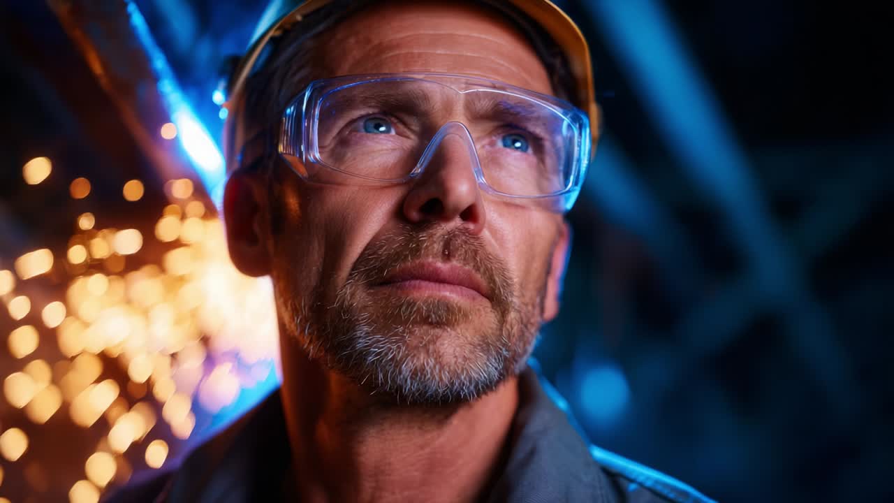 A Focused Craftsman in Protective Gear Contemplates His Next Move Amidst Sparks and Blue Lighting, Symbolizing Precision and Dedication to Skillful Mastery in a Creative Environment