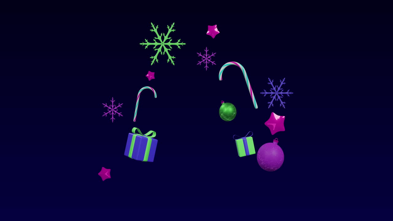 Animation of christmas presents and decorations on black background