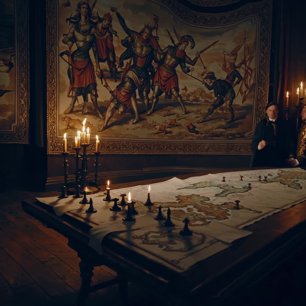 A medieval-themed video scene with a low-angle view of two men in regal attire discussing a map