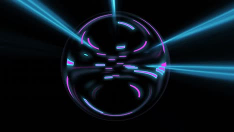 Animation-of-purple-neon-light-trails-and-sphere-over-black-background