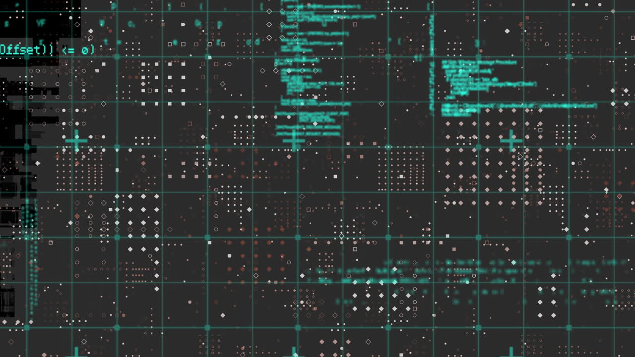 Animation of data processing over grid network against rows dots pattern on grey background